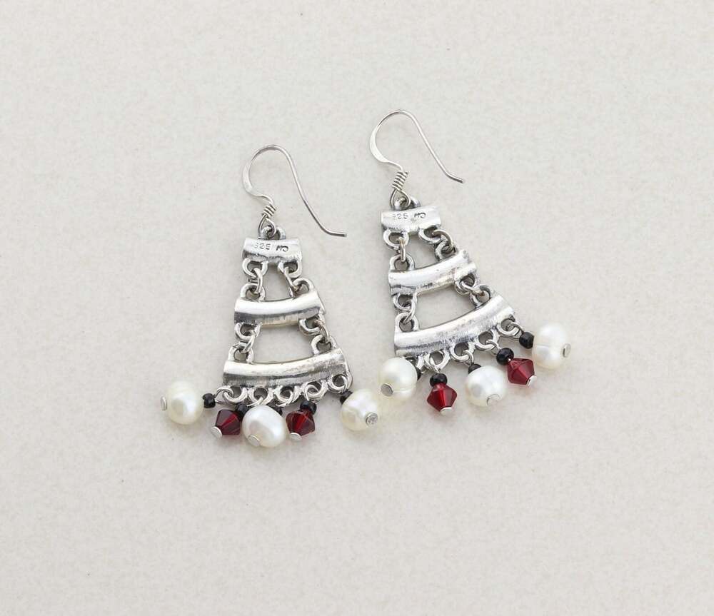 Sterling Silver Marcasite, Pearl, Rhinestone, Bead Earrings Dangle Drop 2" x 3/4 - Picture 7 of 7